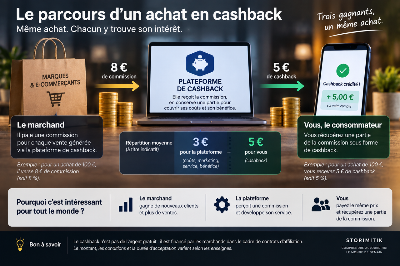 Infographie éditoriale illustrant la répartition possible d’une commission de cashback entre marchand, plateforme et consommateur.