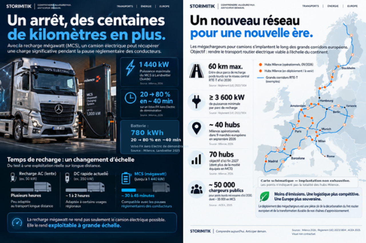 Infographie STORIMITIK sur la recharge mégawatt des camions électriques et le déploiement d’un réseau européen de hubs poids lourds.