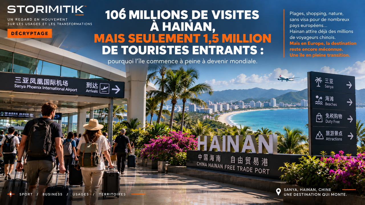 Reconstitution éditoriale de voyageurs internationaux arrivant à Hainan avec le contraste entre tourisme total et tourisme entrant.