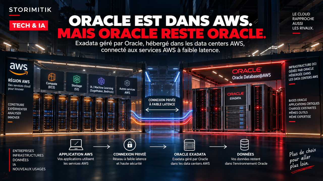 Illustration STORIMITIK expliquant l’architecture Oracle Database@AWS : services AWS d’un côté, infrastructure Oracle Exadata gérée par Oracle au sein d’une région AWS de l’autre.