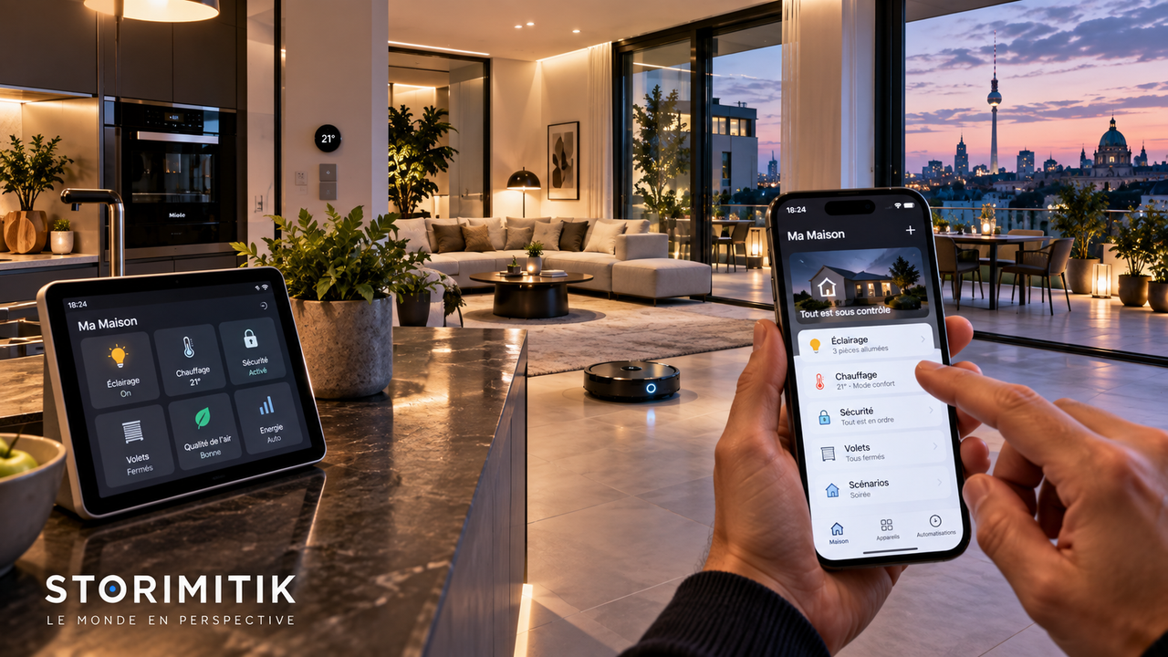 Illustration conceptuelle d’une maison connectée pilotée depuis un smartphone et une tablette.