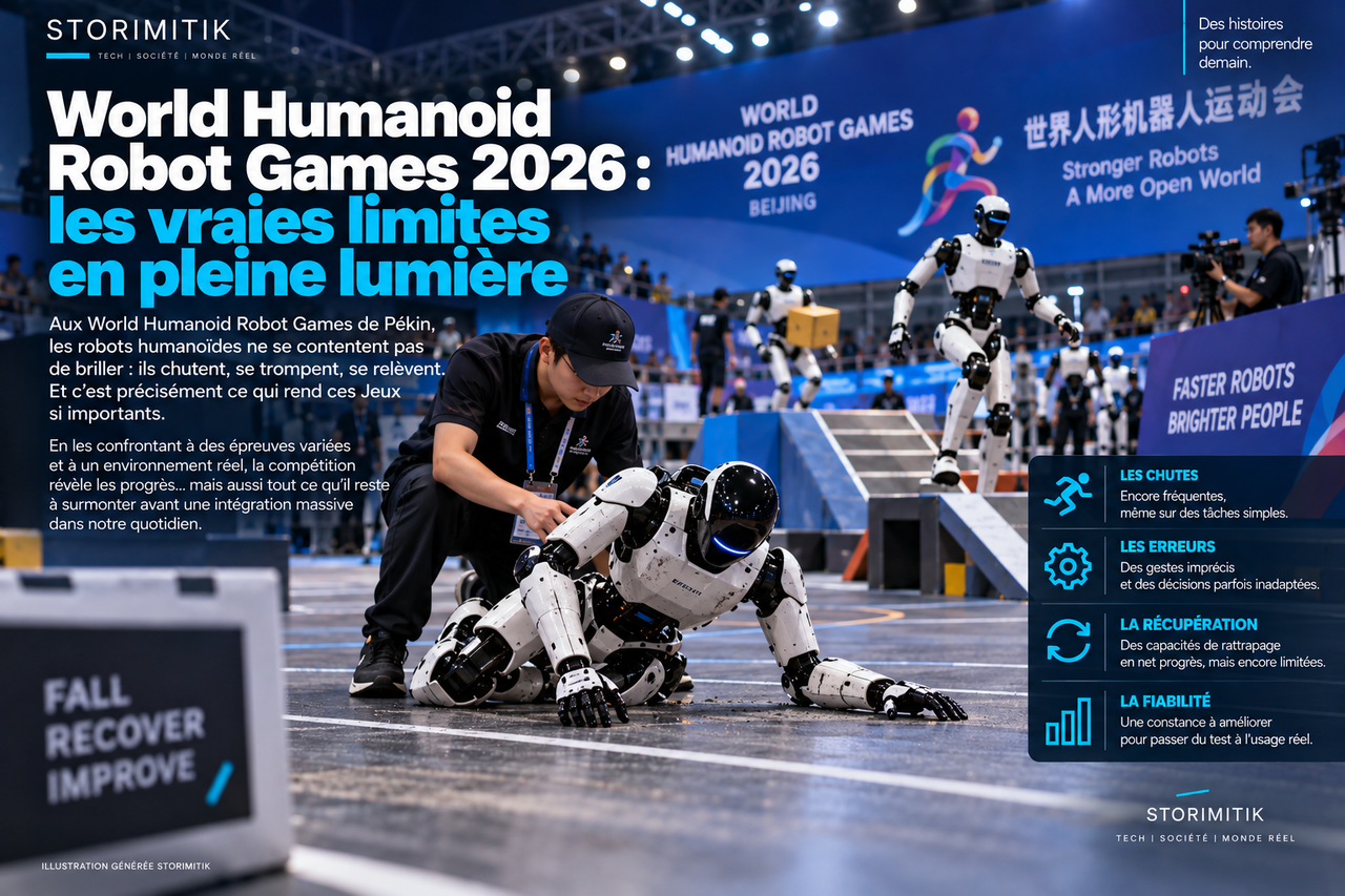 Illustration STORIMITIK montrant un robot humanoïde en difficulté pendant une épreuve des World Humanoid Robot Games, afin d’illustrer les limites de fiabilité et de récupération.