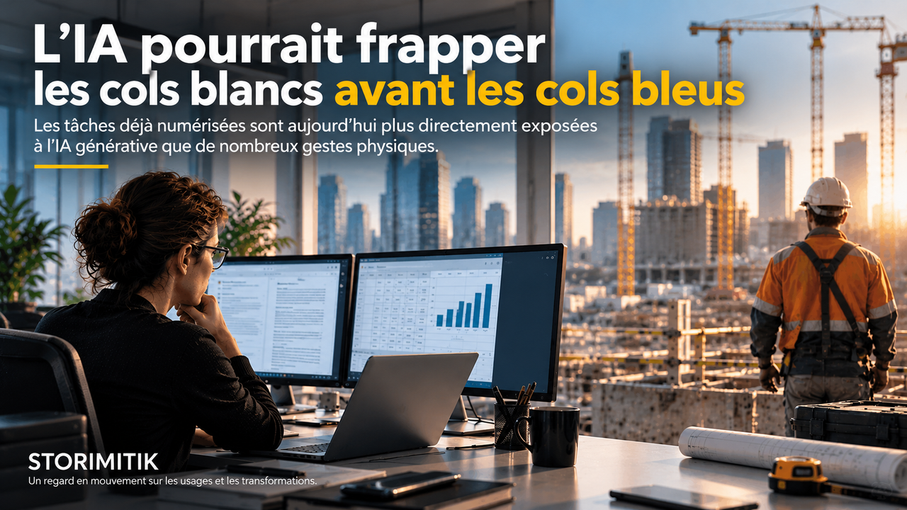 Visuel STORIMITIK opposant un travail de bureau numérisé à un travail physique de terrain pour illustrer l’exposition différente à l’intelligence artificielle.