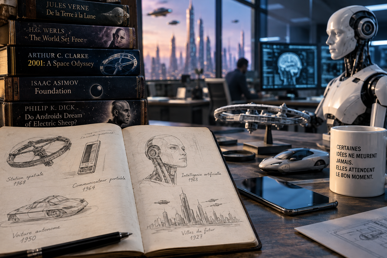 Illustration conceptuelle mêlant grands classiques de science-fiction, croquis d’inventions et technologies contemporaines.