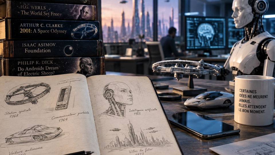 Illustration conceptuelle mêlant grands classiques de science-fiction, croquis d’inventions et technologies contemporaines.