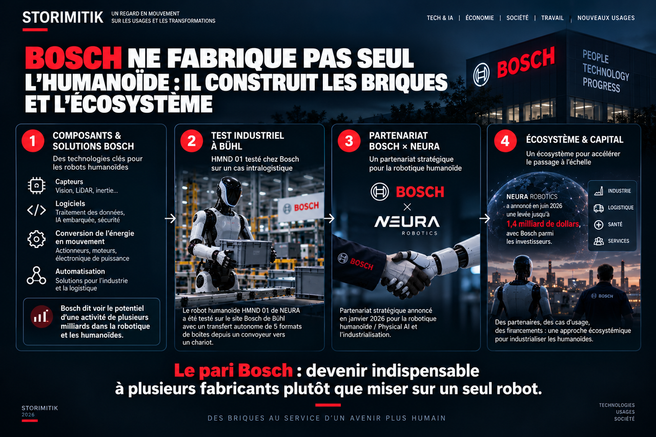 Infographie STORIMITIK sur la stratégie Bosch dans l’écosystème des humanoïdes : composants, test HMND 01 à Bühl, partenariat NEURA et financement de l’écosystème.