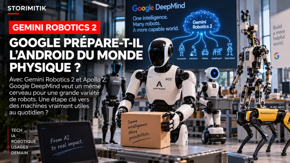 Illustration STORIMITIK de Gemini Robotics 2 montrant plusieurs types de robots autour d’une même couche d’intelligence.