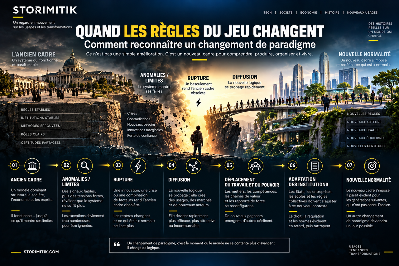 Infographie STORIMITIK montrant les étapes possibles d’un changement de paradigme, de l’ancien cadre à une nouvelle normalité.