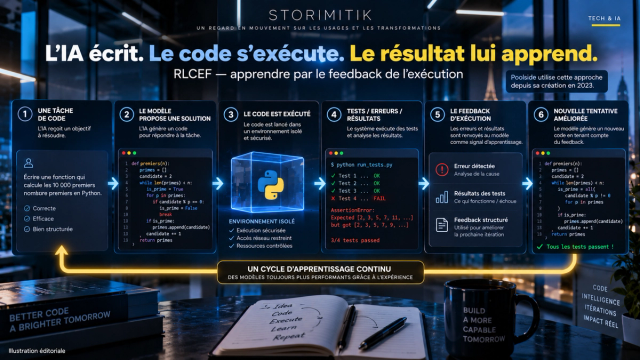 Illustration éditoriale STORIMITIK expliquant le principe RLCEF : tâche de code, génération, exécution, tests, feedback et nouvelle tentative.