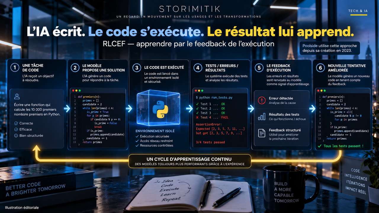Illustration éditoriale STORIMITIK expliquant le principe RLCEF de Poolside : tâche de code, génération, exécution, tests, feedback et nouvelle tentative améliorée.