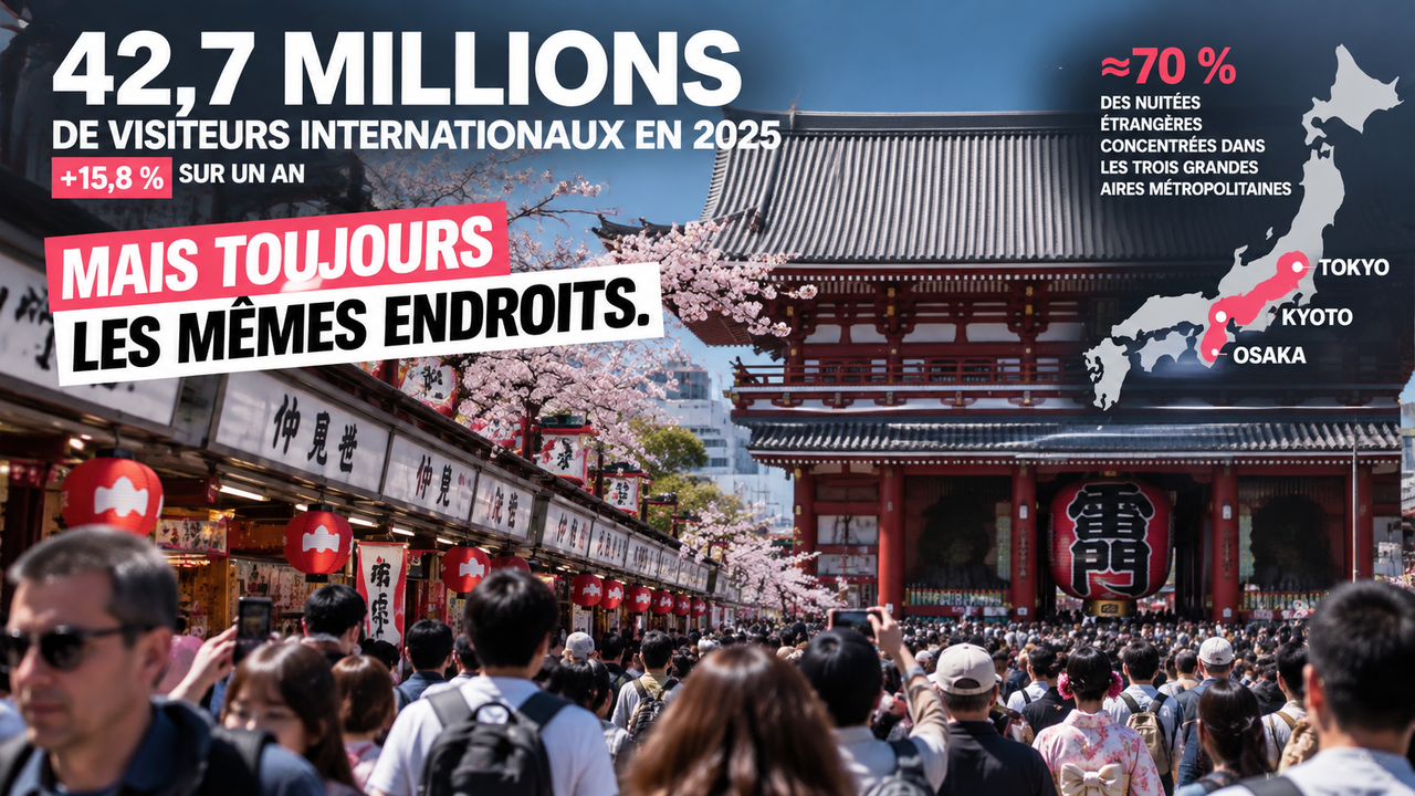 Foule de touristes devant un temple japonais avec les chiffres 42,7 millions de visiteurs internationaux en 2025 et environ 70 % des nuitées étrangères concentrées dans les grandes aires métropolitaines.