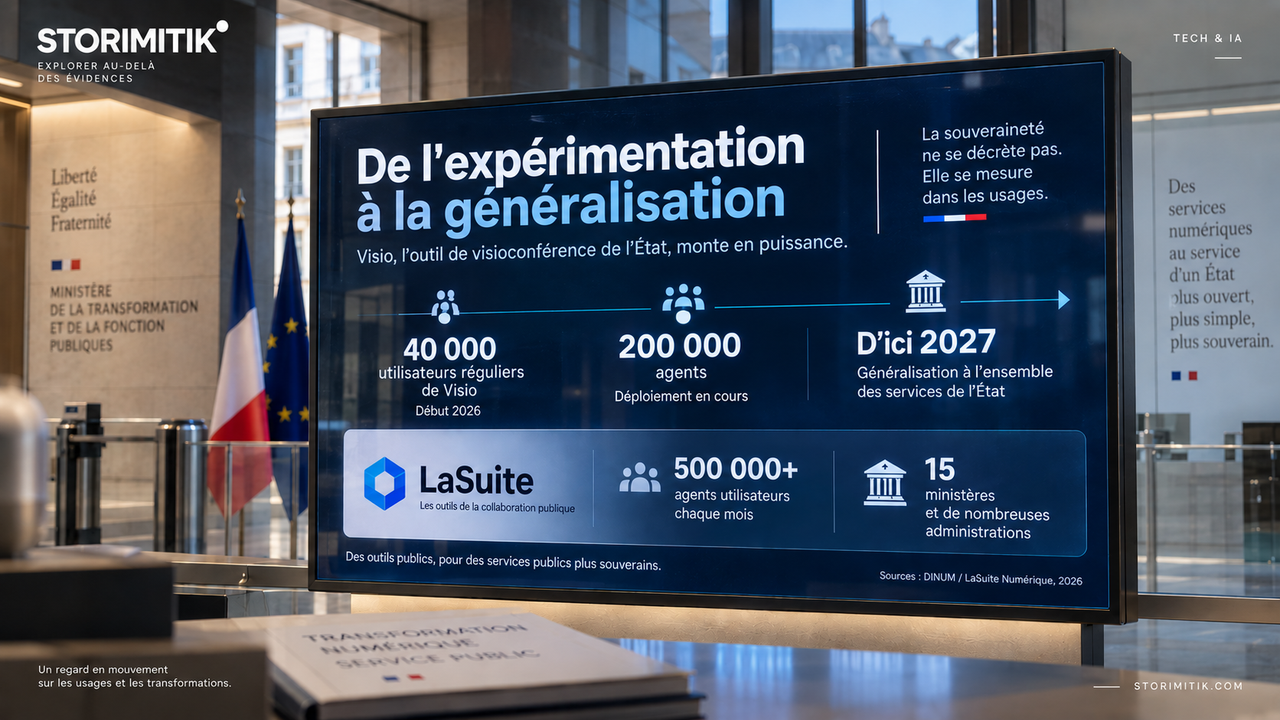 Infographie éditoriale sur la montée en charge de Visio et l’usage de LaSuite dans l’État.