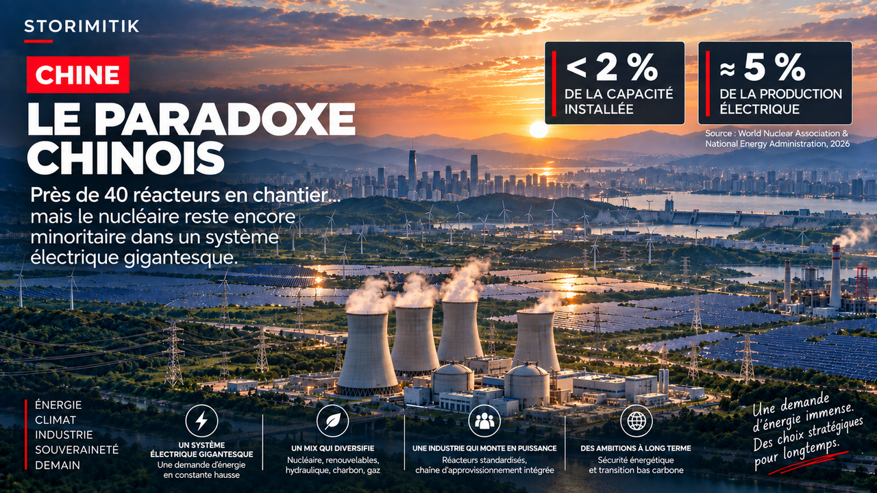 Illustration STORIMITIK montrant le nucléaire au sein d’un système électrique chinois beaucoup plus vaste, aux côtés du solaire, de l’éolien, de l’hydraulique et des réseaux.