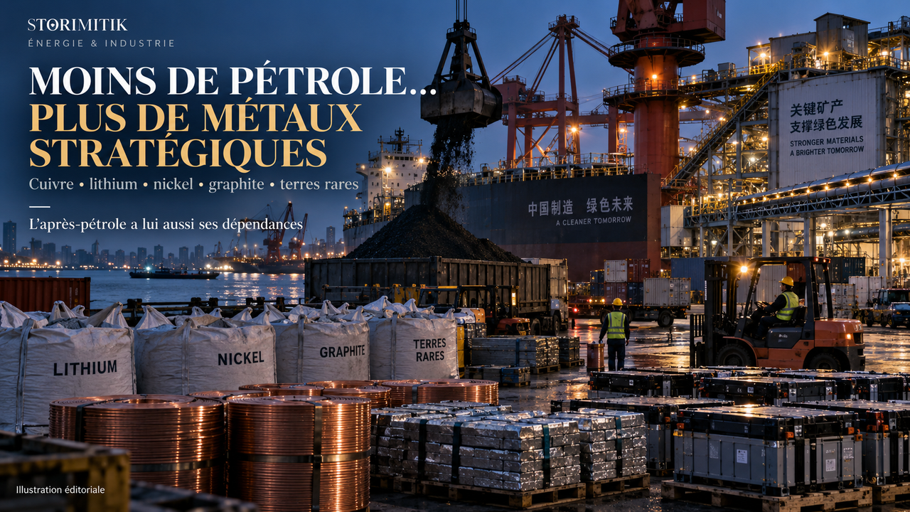 Illustration éditoriale STORIMITIK montrant un port industriel, des métaux stratégiques et des composants de batteries.