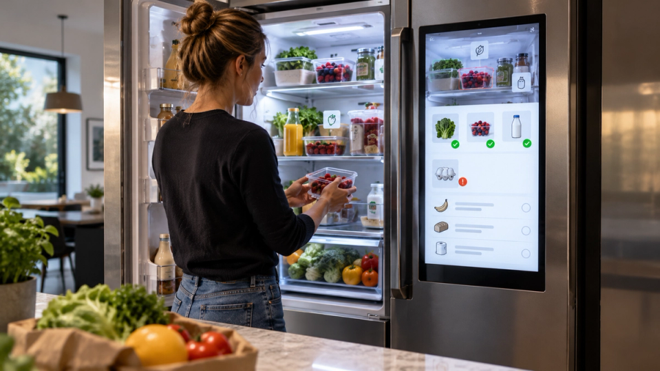 Photographie éditoriale réaliste d’une femme rangeant des aliments dans un réfrigérateur intelligent qui affiche conceptuellement un inventaire reconnu par caméra et intelligence artificielle.