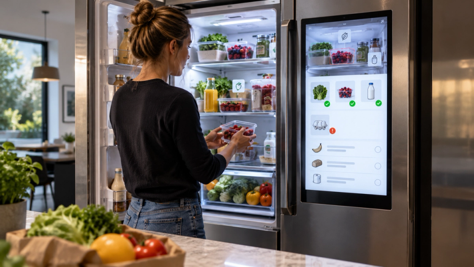 Photographie éditoriale réaliste d’une femme rangeant des aliments dans un réfrigérateur intelligent qui affiche conceptuellement un inventaire reconnu par caméra et intelligence artificielle.