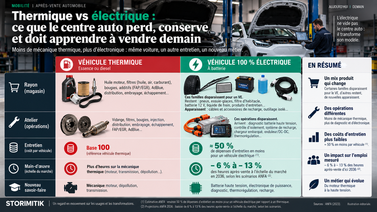 Infographie comparative véhicule thermique et véhicule électrique : rayons, opérations atelier, dépenses d’entretien, heures de main-d’œuvre et nouveaux savoir-faire.