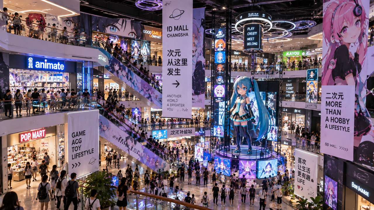 Illustration conceptuelle ultra-réaliste d’un atrium de centre commercial transformé en univers anime et pop culture à Changsha.