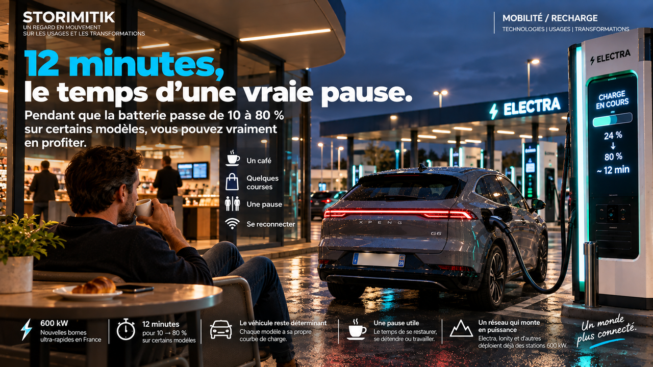 Illustration STORIMITIK d’une pause courte pendant la recharge d’un véhicule électrique, avec café et station de recharge en arrière-plan.