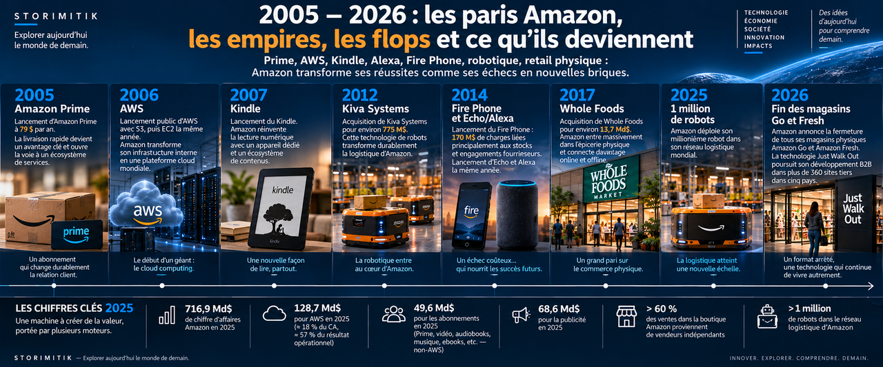 Infographie retraçant les principaux paris d’Amazon entre 2005 et 2026 : Prime, AWS, Kindle, Kiva, Fire Phone, Echo et Alexa, Whole Foods, robotique et Just Walk Out.