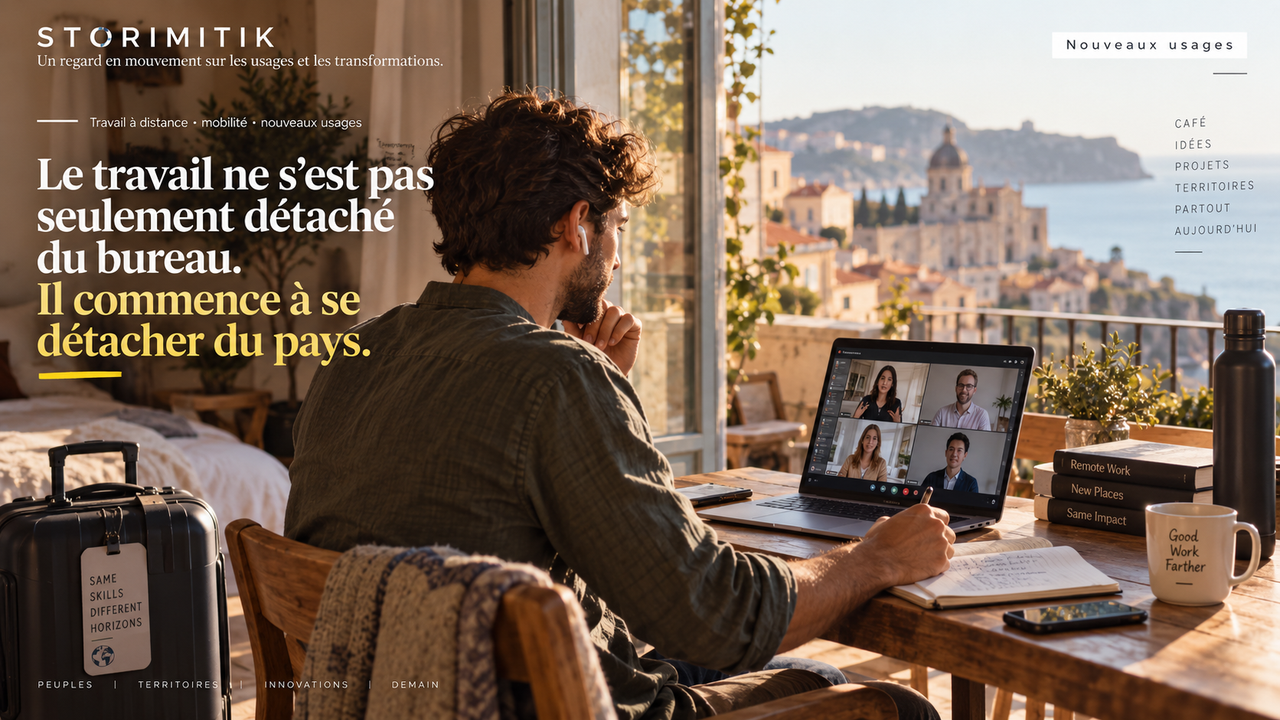 Salarié en visioconférence depuis un hébergement de voyage avec valise et vue sur une destination méditerranéenne.