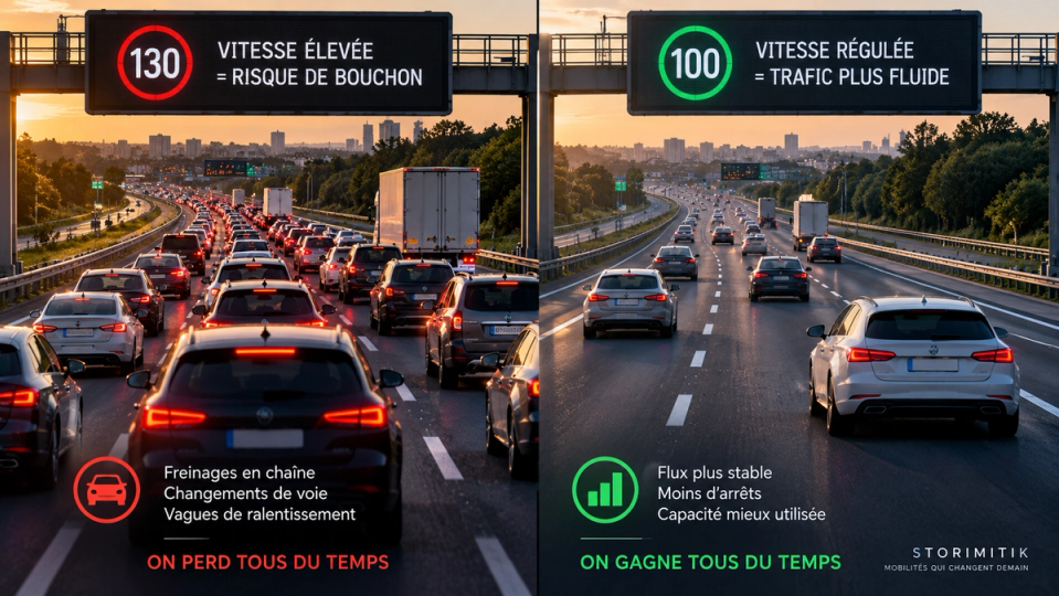 Illustration comparative d’une autoroute congestionnée à vitesse élevée et d’un trafic plus homogène sous vitesse régulée.