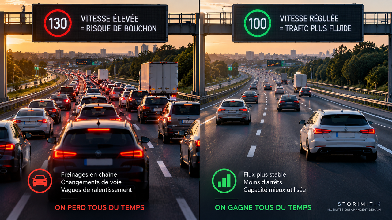 Illustration comparative d’une autoroute congestionnée à vitesse élevée et d’un trafic plus homogène sous vitesse régulée.