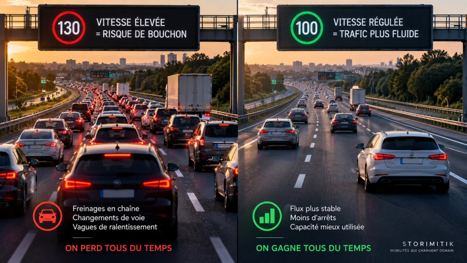 Illustration comparative d’une autoroute congestionnée à vitesse élevée et d’un trafic plus homogène sous vitesse régulée.