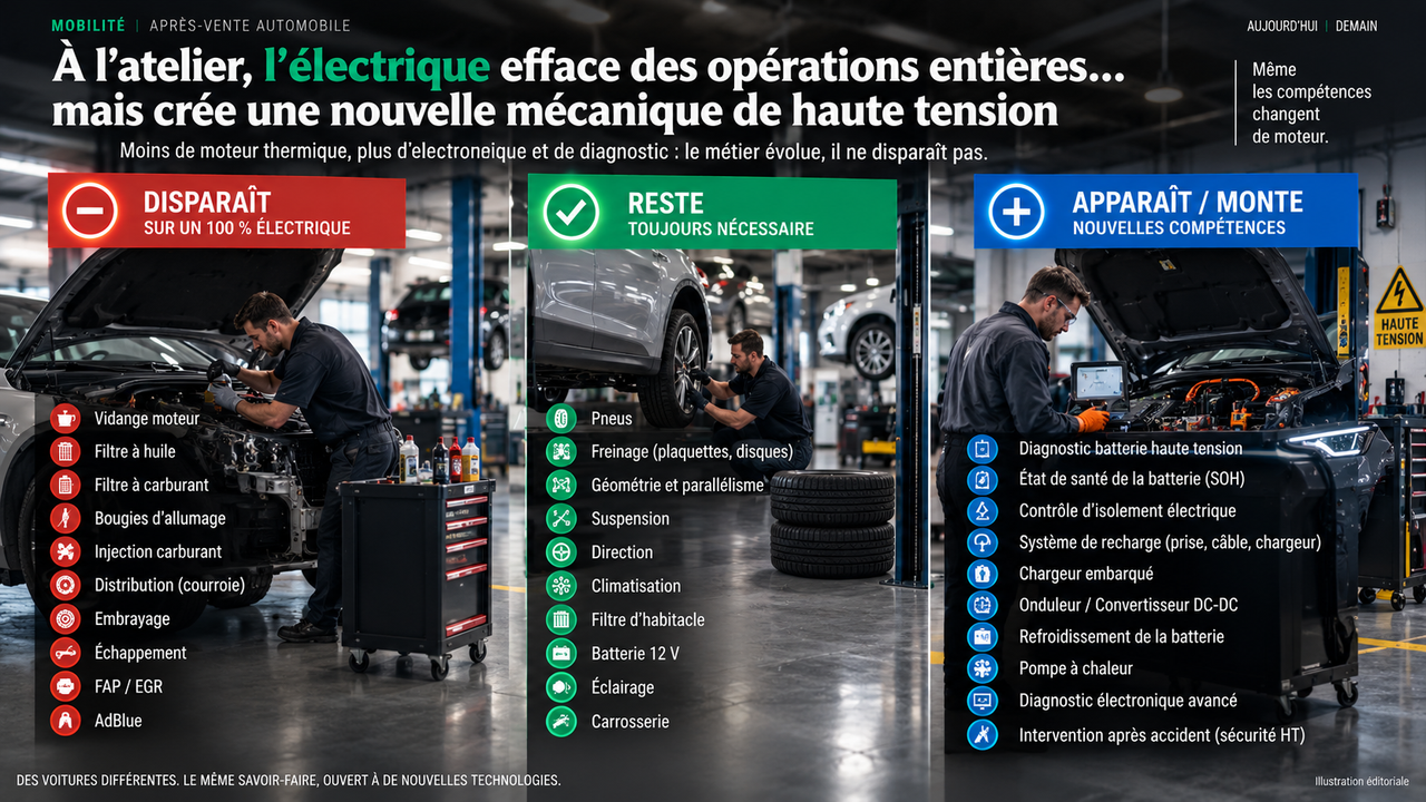 Atelier automobile en trois zones montrant les opérations thermiques qui disparaissent, celles qui restent et les nouvelles compétences haute tension.
