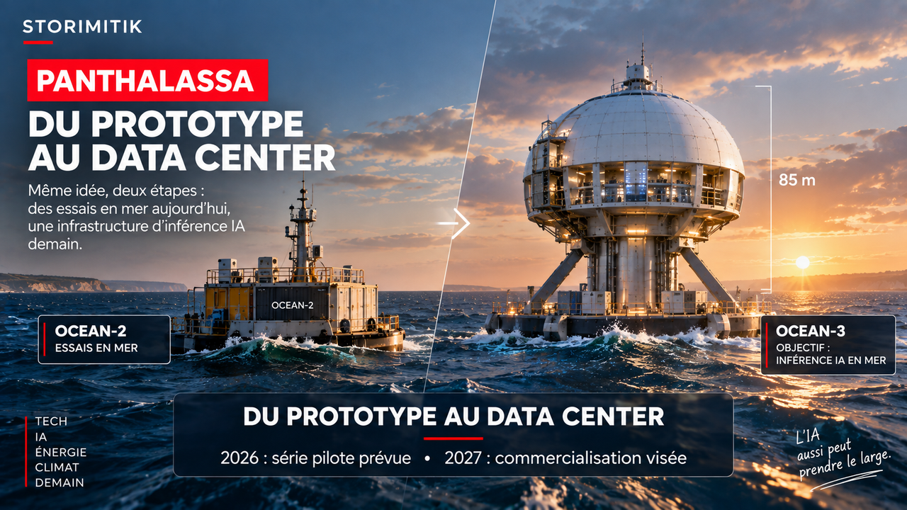 Illustration STORIMITIK comparant les prototypes en mer de Panthalassa à la future série pilote Ocean-3 destinée au calcul IA offshore.