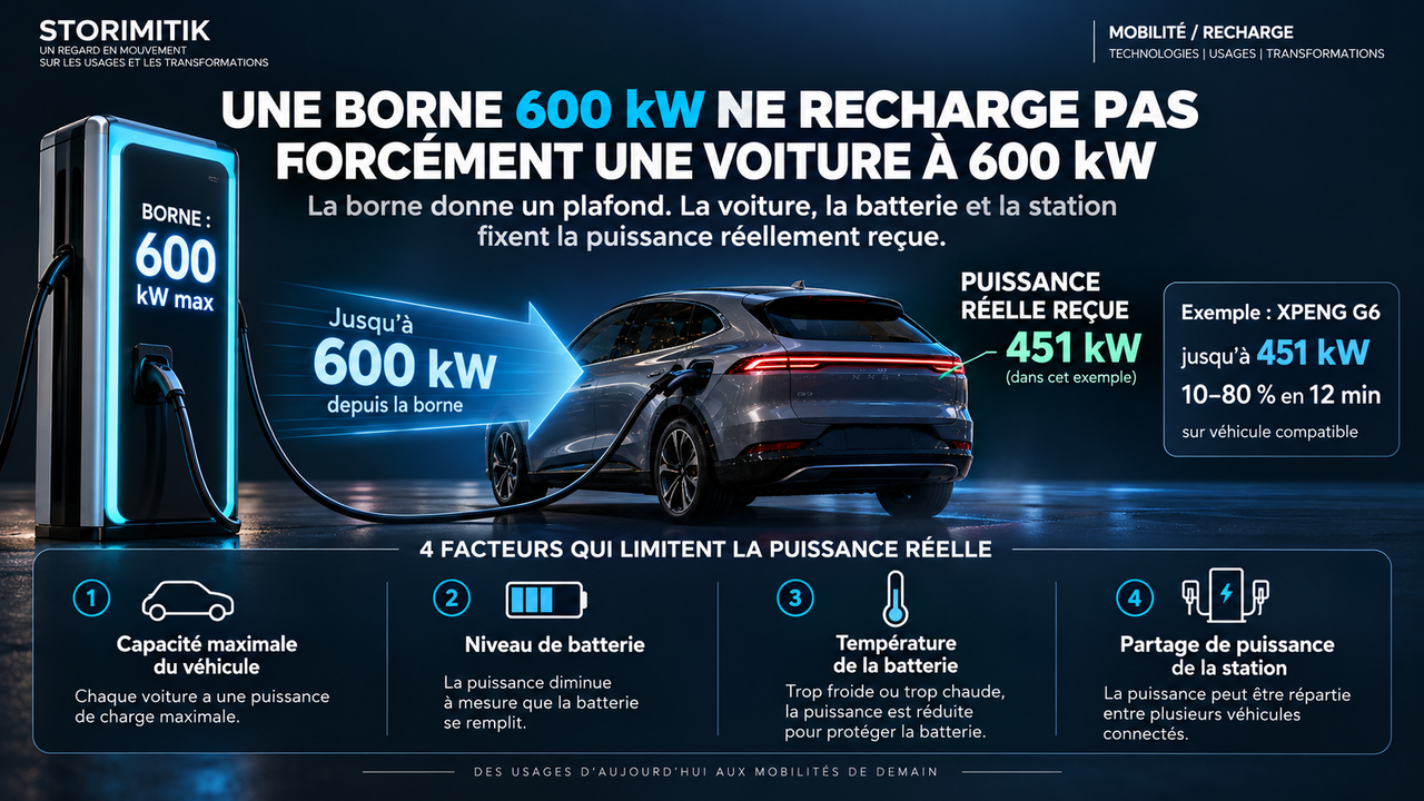 Infographie STORIMITIK expliquant qu’une borne de 600 kW ne signifie pas qu’une voiture reçoit automatiquement 600 kW, avec l’exemple du XPENG G6 jusqu’à 451 kW.