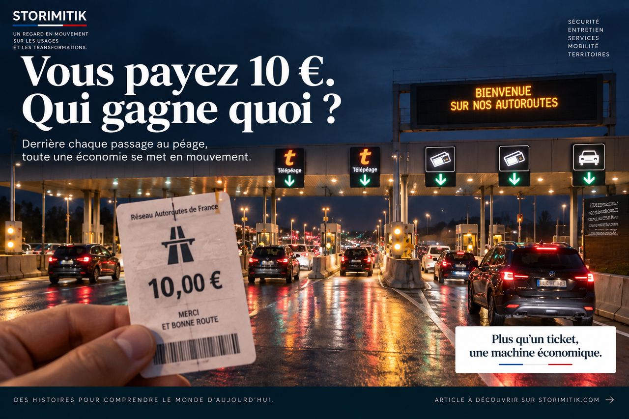 Composition éditoriale STORIMITIK d’un péage autoroutier français de nuit avec un ticket fictif de 10 euros.