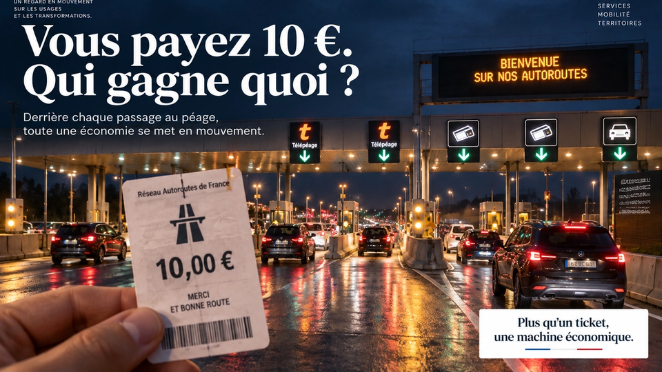 Composition éditoriale STORIMITIK d’un péage autoroutier français de nuit avec un ticket fictif de 10 euros.