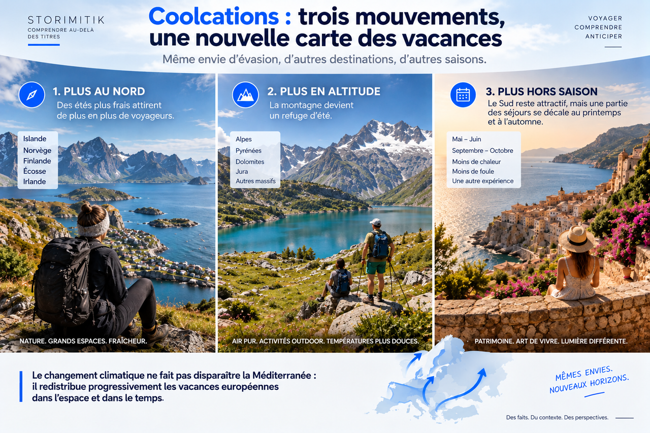 Infographie STORIMITIK présentant trois mouvements des vacances européennes liés à la recherche de températures plus supportables : vers le Nord, vers l’altitude et vers les périodes hors saison.