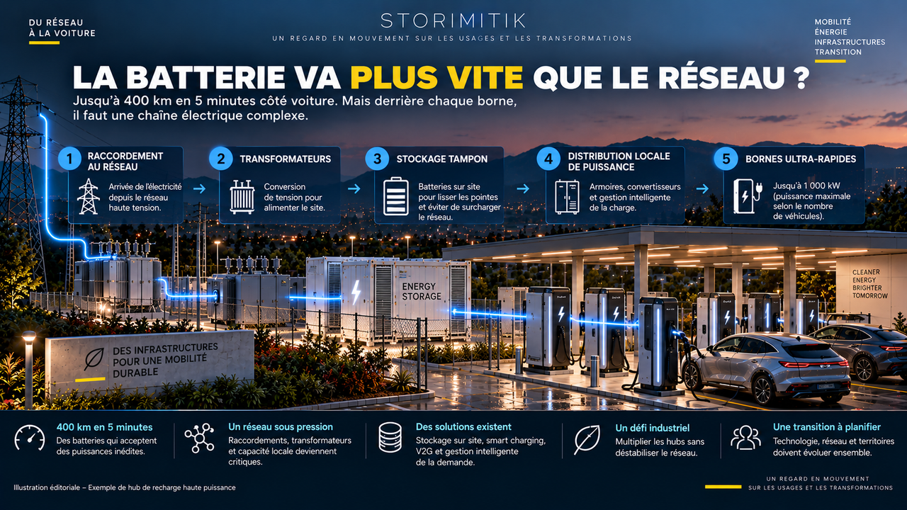 Illustration éditoriale STORIMITIK de la chaîne physique alimentant un hub de recharge ultra-rapide : réseau, transformation, stockage, distribution et bornes.