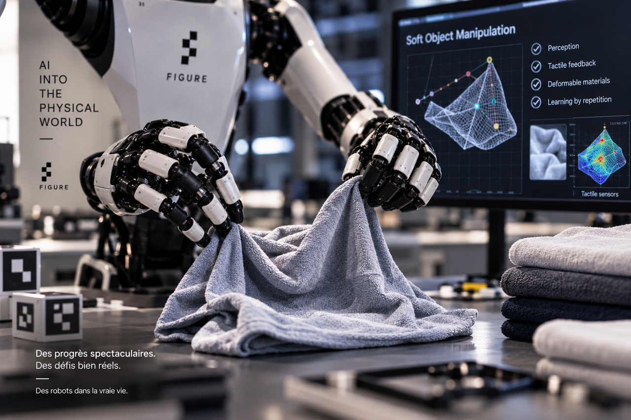 Illustration éditoriale en laboratoire montrant des mains robotiques manipulant un textile souple avec une visualisation conceptuelle de perception tactile.