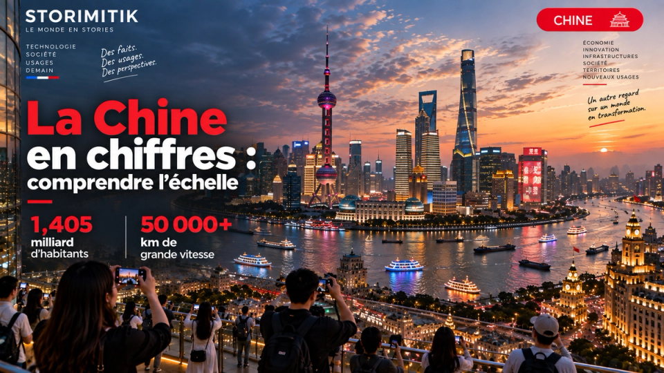 Illustration éditoriale STORIMITIK d’une grande métropole chinoise au crépuscule, accompagnée des repères 1,405 milliard d’habitants et plus de 50 000 km de lignes à grande vitesse.
