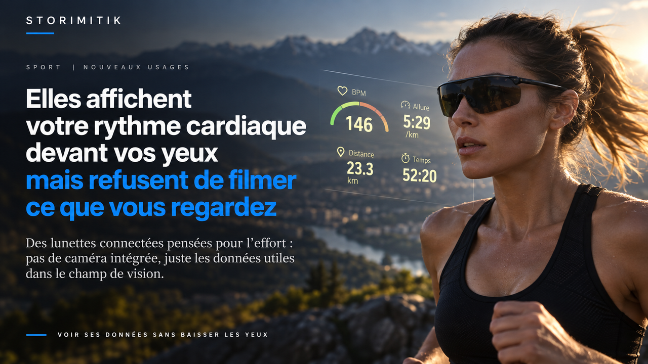 Coureuse portant des lunettes connectées avec rythme cardiaque, allure, distance et temps affichés dans son champ de vision.