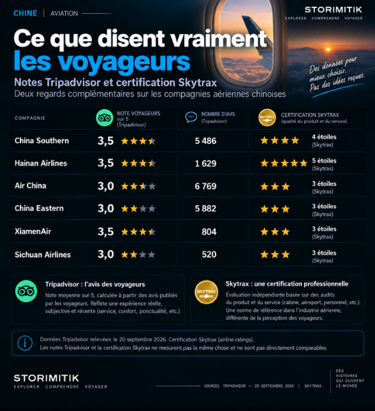 Comparaison des notes Tripadvisor, volumes d’avis et certifications Skytrax de six compagnies aériennes chinoises.
