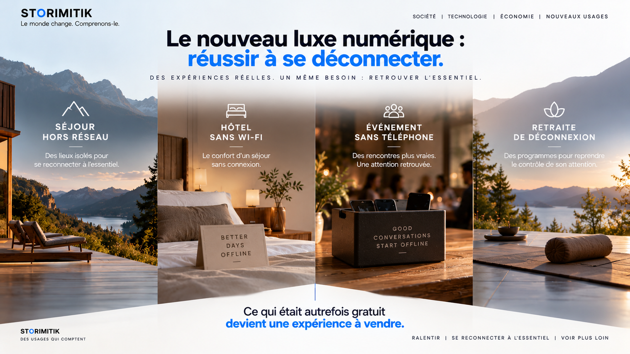 Visuel STORIMITIK présentant différents services de déconnexion : séjour hors réseau, hôtel sans Wi-Fi, événement sans téléphone et retraite.