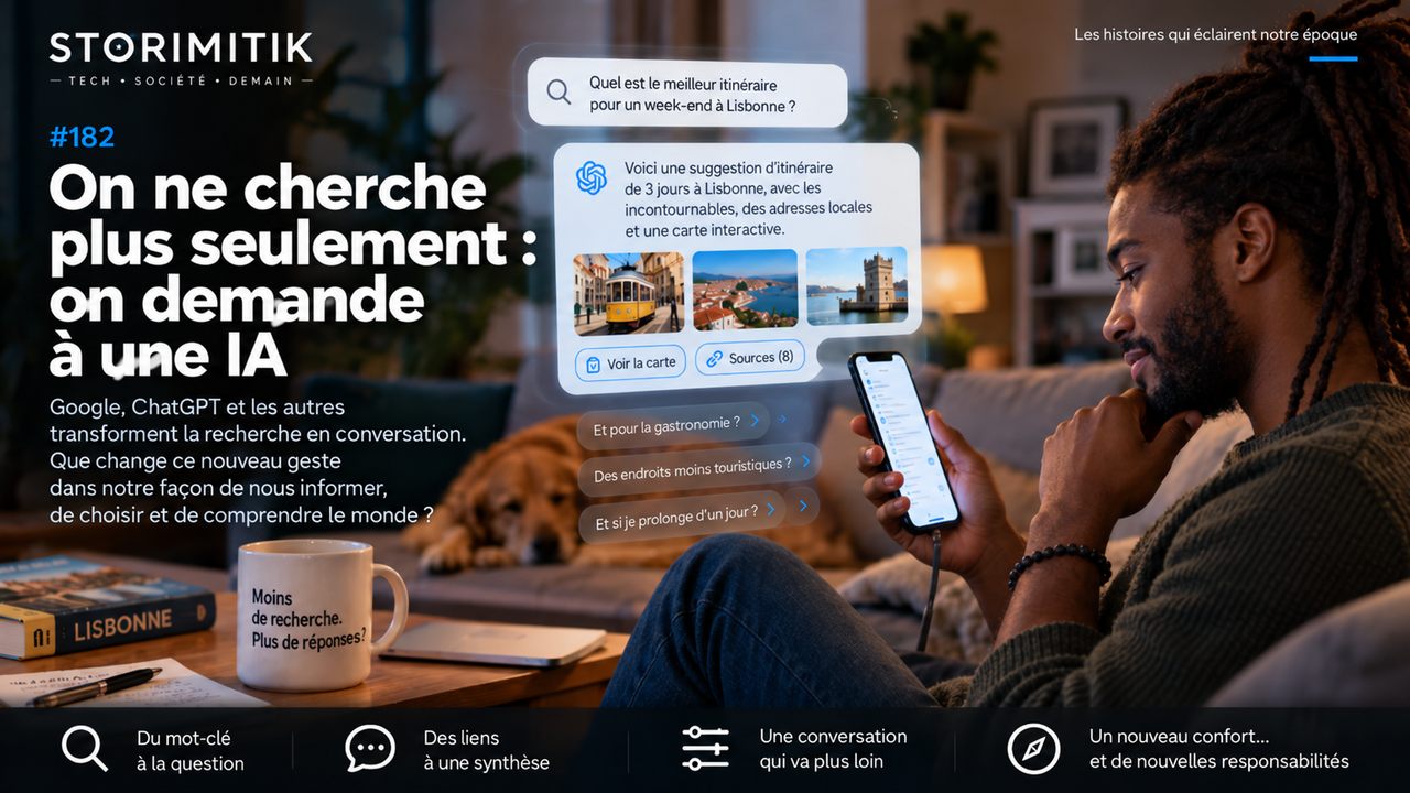 Illustration éditoriale STORIMITIK d’un utilisateur interrogeant une intelligence artificielle pour préparer un voyage, symbole du passage de la recherche par mots-clés à la recherche conversationnelle.