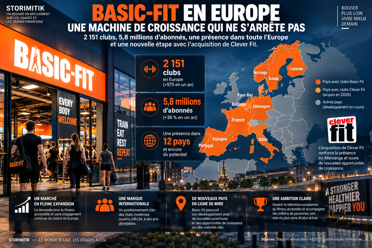 Carte éditoriale STORIMITIK de l’expansion européenne de Basic-Fit et de l’acquisition de Clever Fit en 2025.
