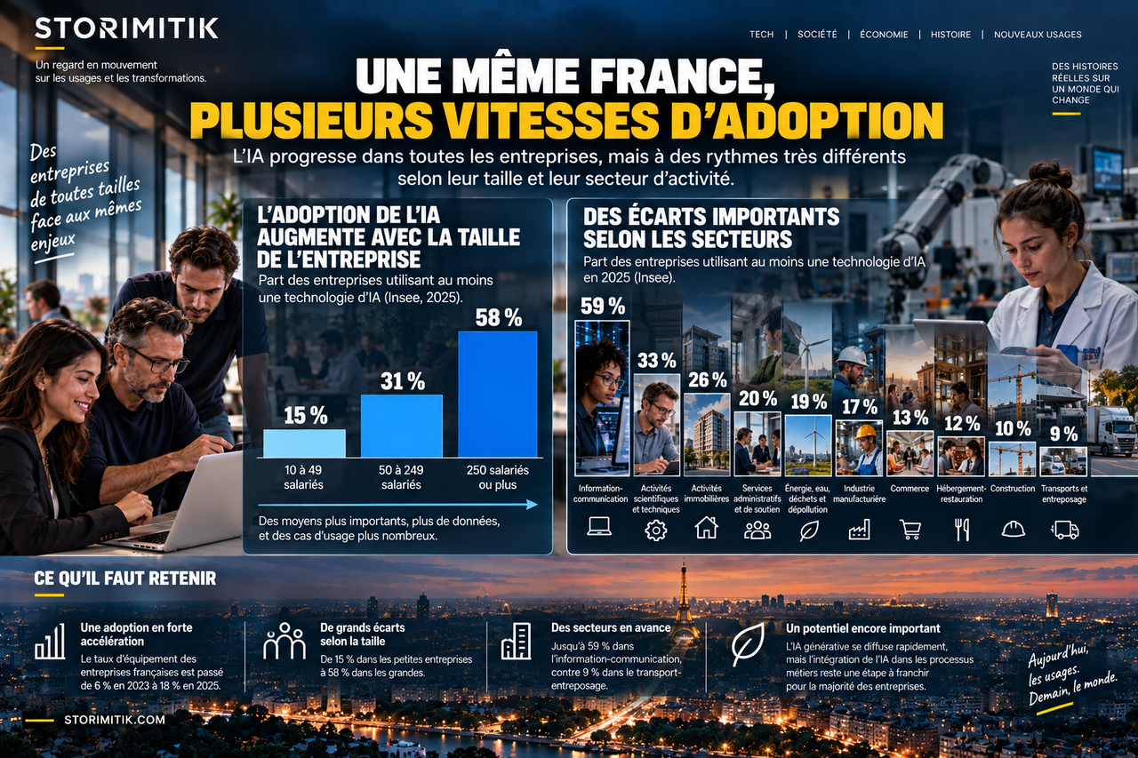Infographie STORIMITIK comparant l’adoption de l’IA dans les entreprises françaises selon leur taille et leur secteur en 2025.
