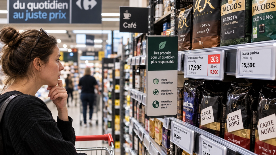 Illustration d’une cliente comparant des produits dans un rayon de supermarché équipé d’étiquettes électroniques.
