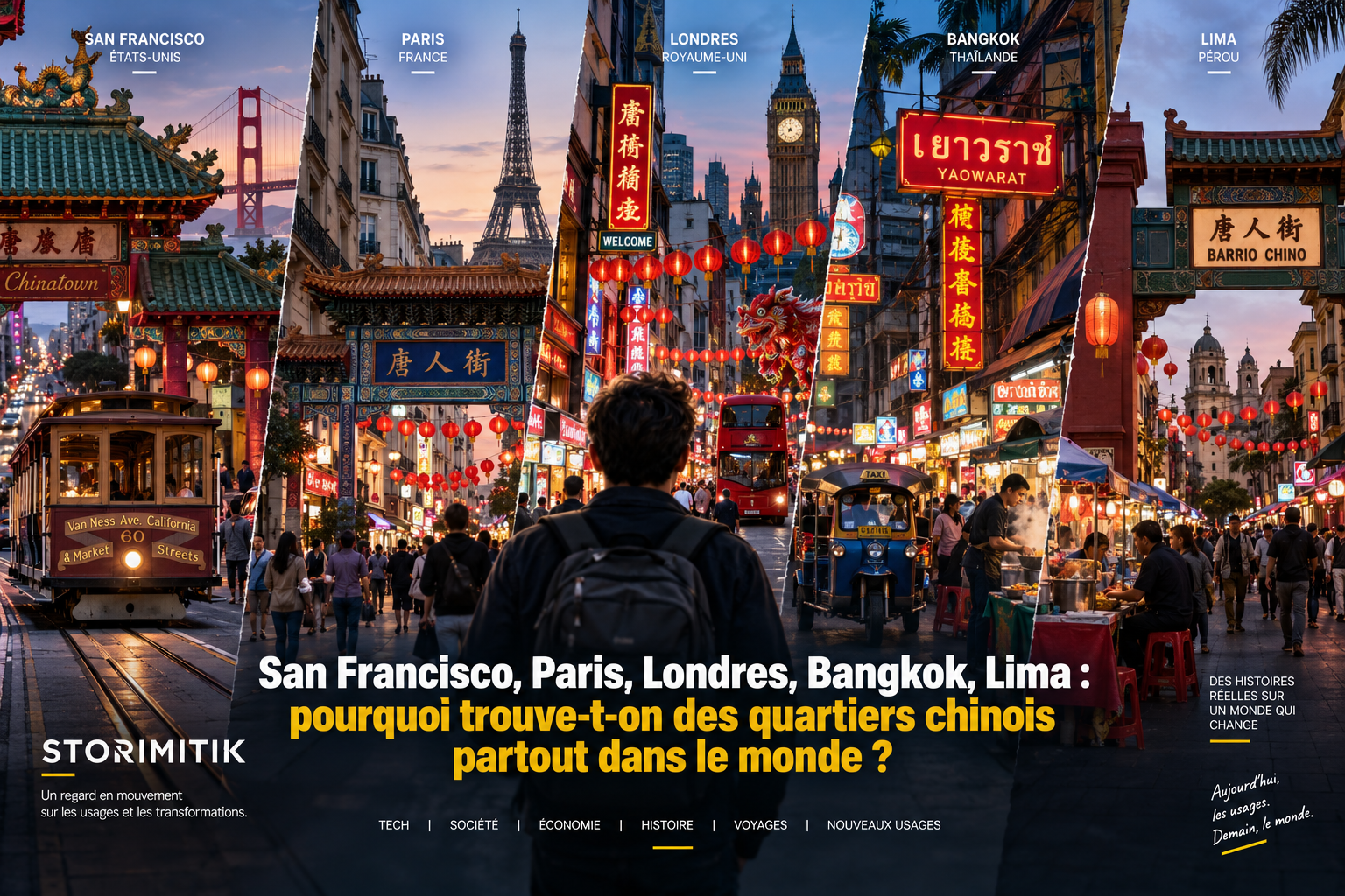Collage éditorial STORIMITIK fusionnant plusieurs Chinatowns du monde pour illustrer la dimension mondiale du phénomène urbain.