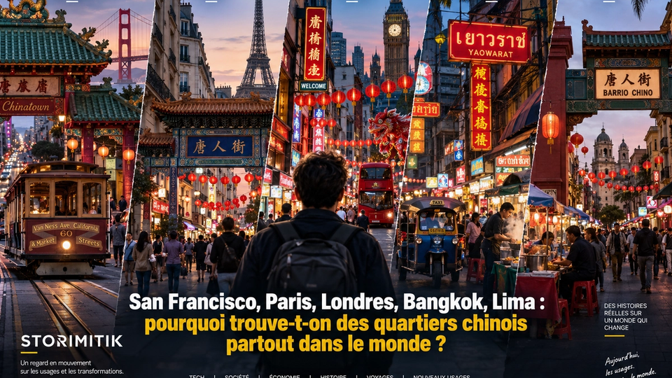 Collage éditorial STORIMITIK fusionnant plusieurs Chinatowns du monde pour illustrer la dimension mondiale du phénomène urbain.