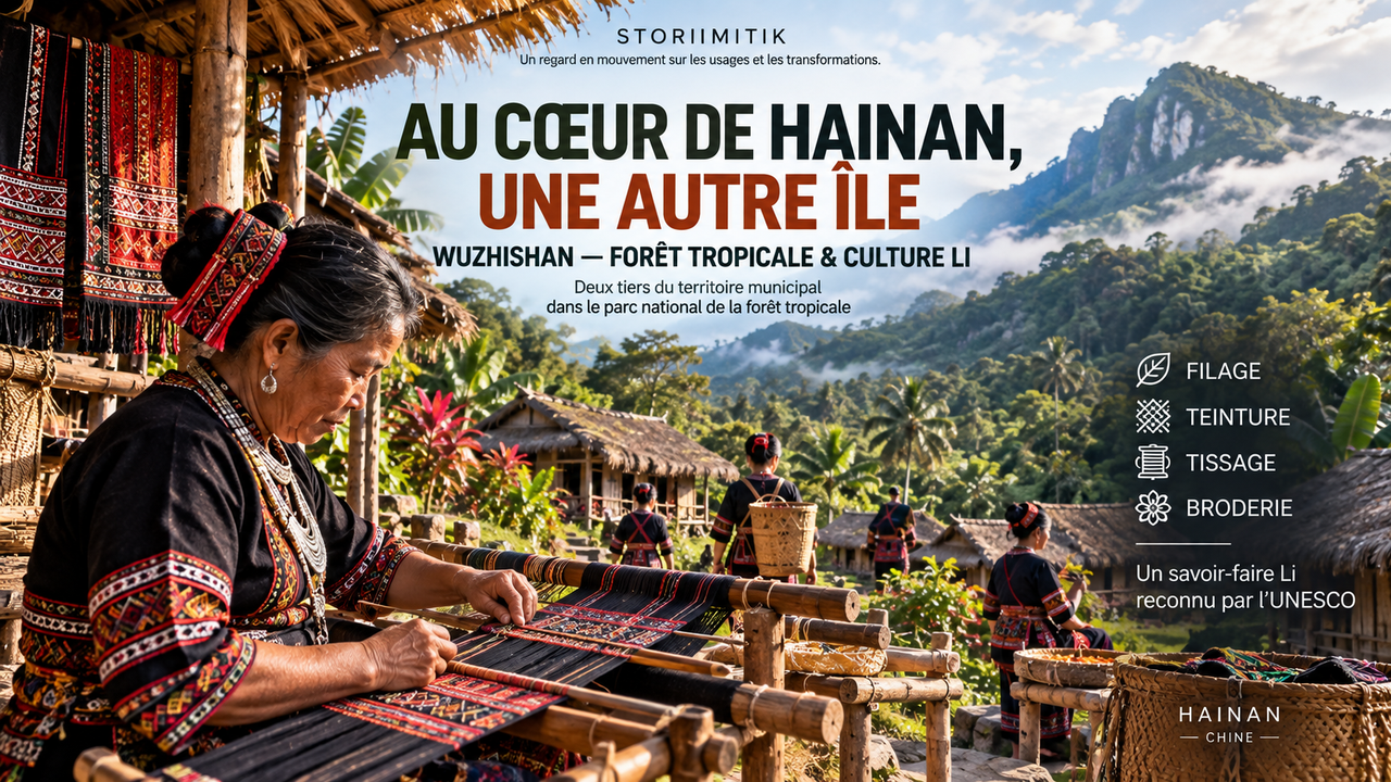 Reconstitution éditoriale d’un environnement culturel Li à Wuzhishan avec tissage textile et forêt tropicale.