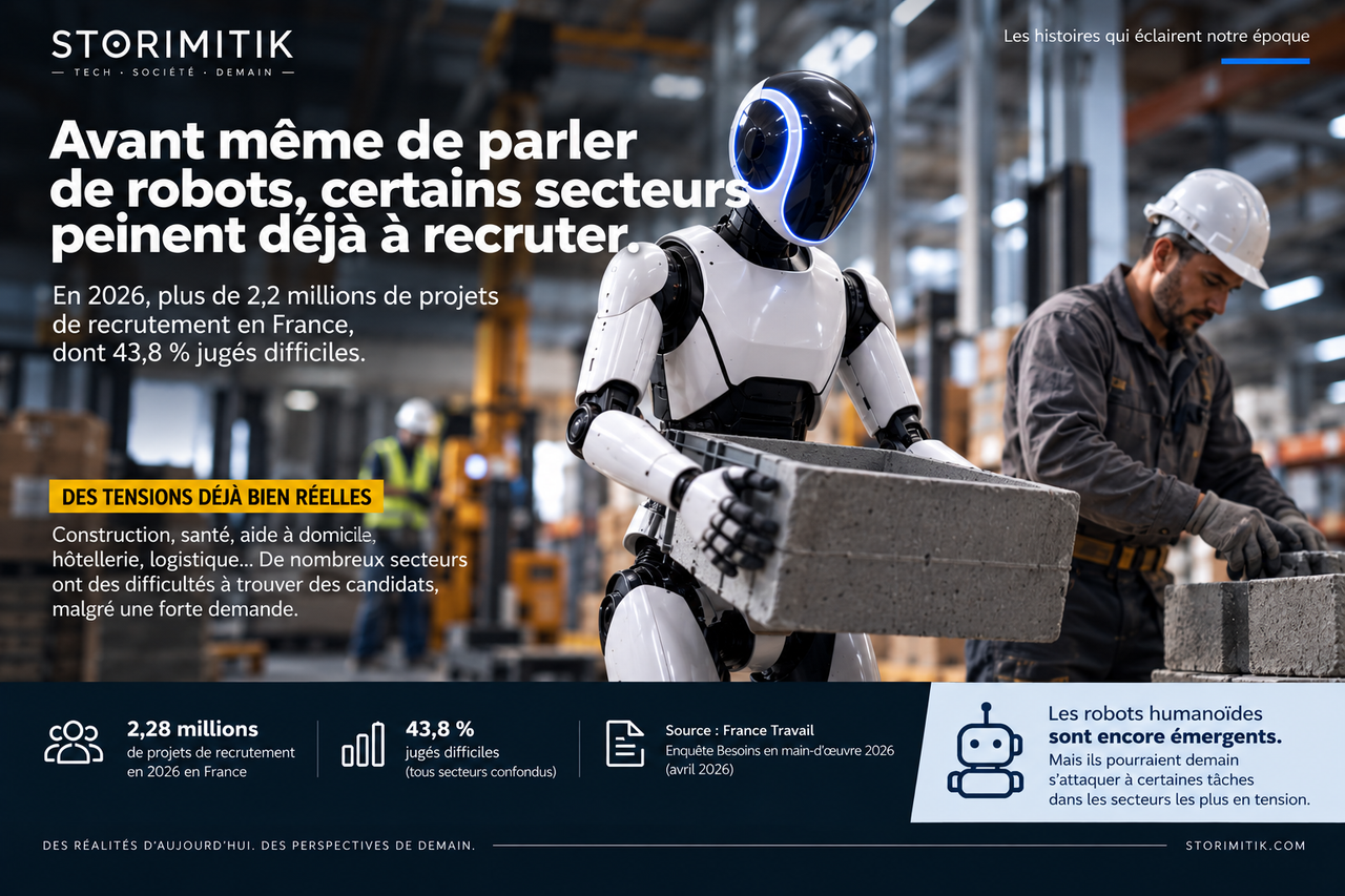 Illustration éditoriale STORIMITIK d’un robot humanoïde travaillant aux côtés d’un ouvrier dans un environnement industriel, pour illustrer les tensions de recrutement.