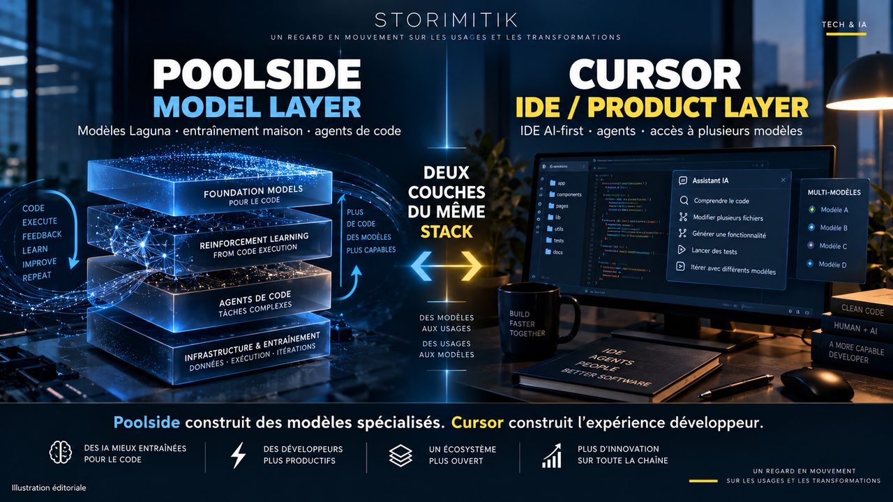 Illustration éditoriale STORIMITIK comparant Poolside, centré sur les modèles spécialisés pour le code, et Cursor, centré sur l’IDE et l’expérience développeur.
