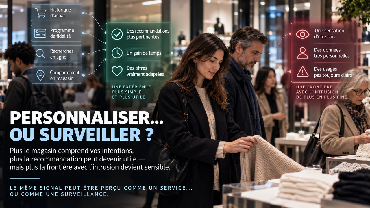 Illustration éditoriale STORIMITIK opposant les bénéfices de la personnalisation en magasin au sentiment possible de surveillance ou d’intrusion.